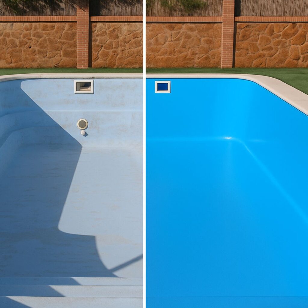 Antes y después de recubrimiento de poliéster en piscina