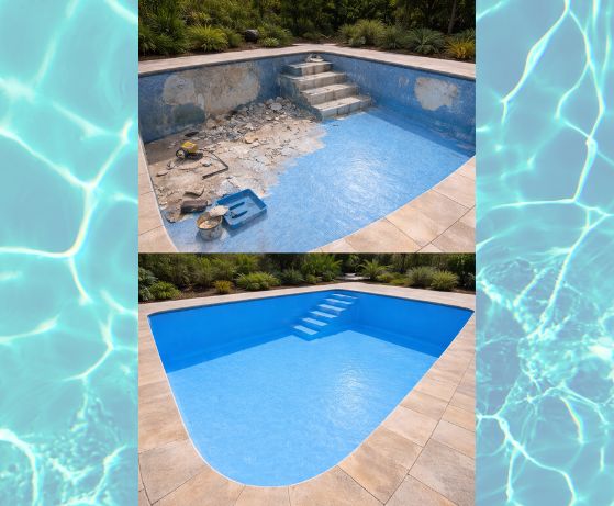 Antes y después del recubrimiento de poliéster en piscina, mostrando la rehabilitación completa y el acabado impermeable final