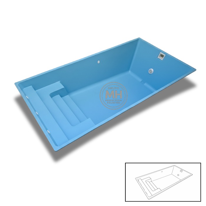 Piscina de poliéster modelo N10 MH 6,7x3 m con escalera integrada lateral en color azul