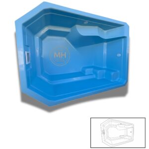Piscina de poliéster modelo N29 MH 3,2x2,4 m con asientos integrados y diseño compacto en color azul