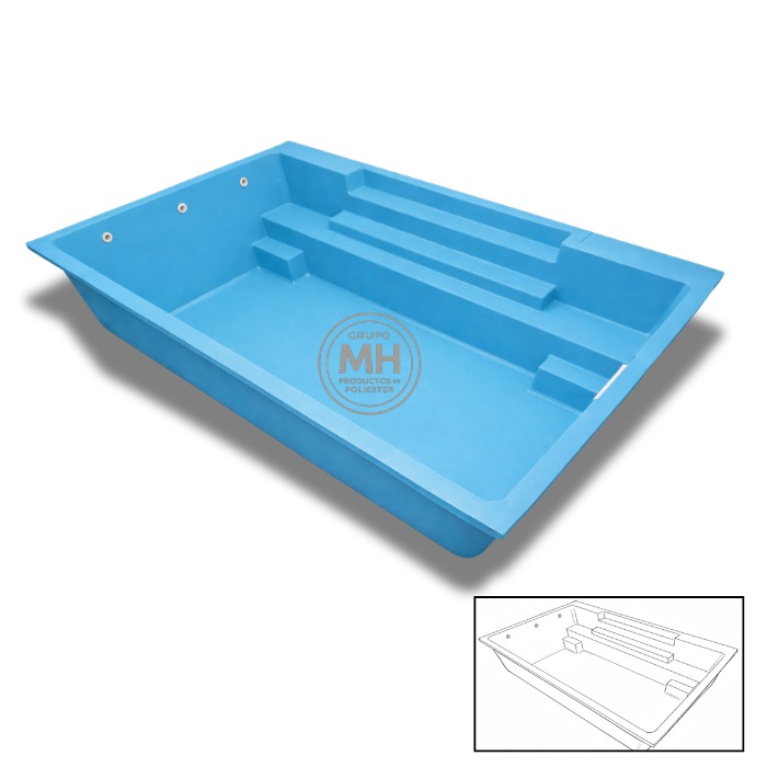 Piscina de poliéster modelo N19 MH 5,7x3,5 m con banco y escalones integrados en color azul