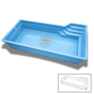 Piscina de poliéster modelo N15 MH 6x3,5 m con escalera integrada y profundidad variable en color azul