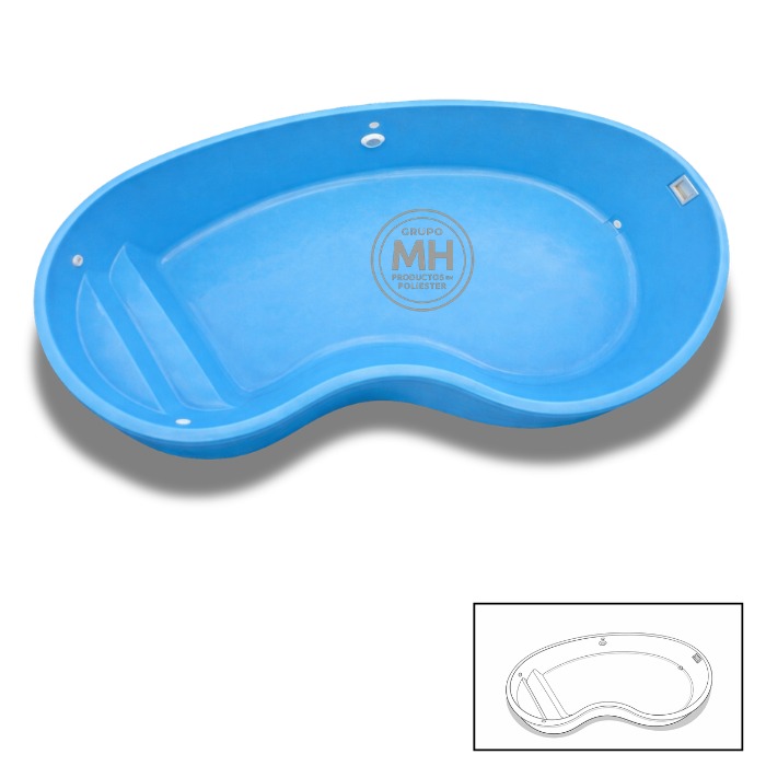 Piscina de poliéster modelo N14 MH 6x3,2 m con forma orgánica y escalera integrada en color azul