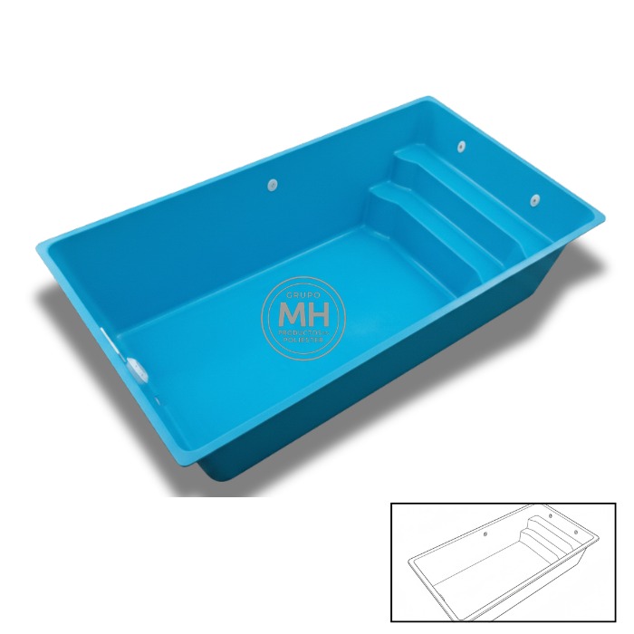 Piscina de poliéster modelo N22 MH 4,5x2,5 m con escalera integrada y diseño rectangular en color azul