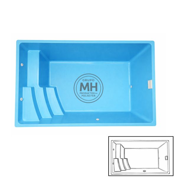 Piscina de poliéster modelo N30 MH rectangular con escalera integrada lateral y acabado en color azul