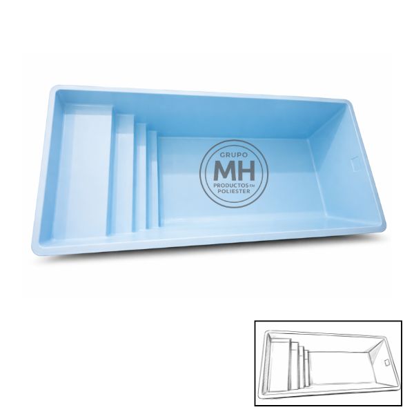 Piscina de poliéster modelo N8 MH rectangular con escalera integrada lateral y acabado en color azul claro