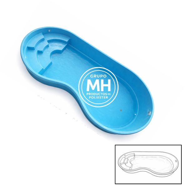 Piscina de poliéster modelo N5 MH en color azul con forma orgánica y escalera integrada