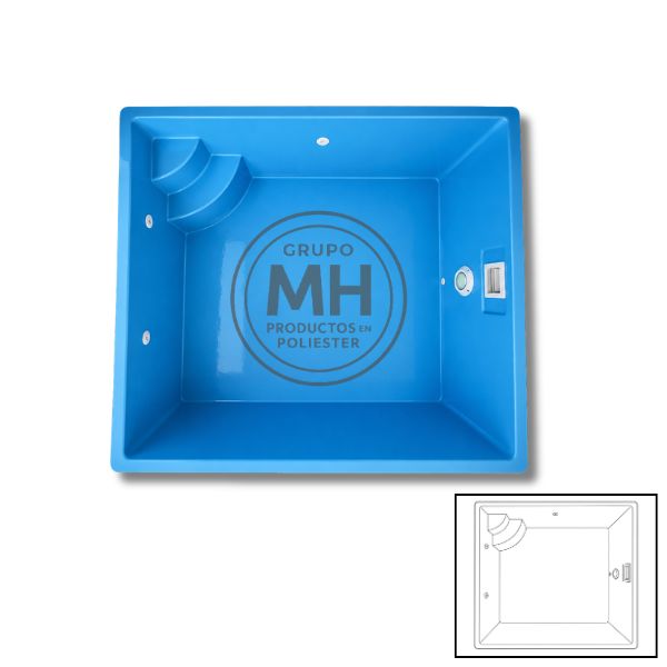 Vista superior de la piscina de poliéster Mini Nº32 MH con escalera integrada y sistema de filtración.